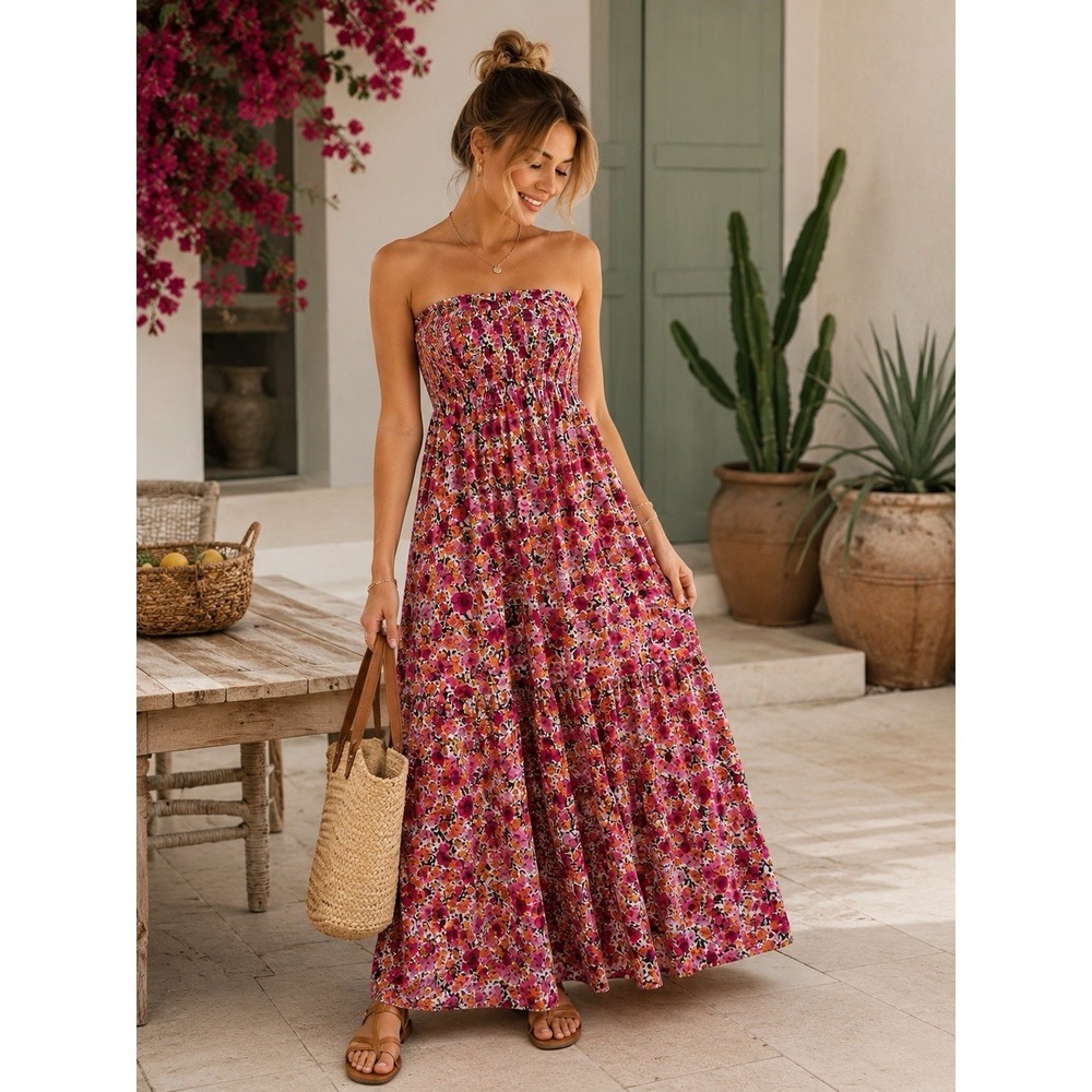 Draper James Floral Smocked Midi Dress Pink Yellow Cottagecore Boho Size L
